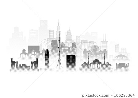 Travel architecture silhouette in Uzbekistan with Black halftone style. 106253364