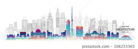 Travel landmark architecture silhouette in Uzbekistan with colorful halftone style. 106253365