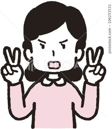 一個憤怒的女人用雙手做和平手勢的上半身插圖 106253531