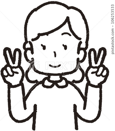 Upper body line drawing illustration of a woman who makes a peace sign with both hands and laughs Upper body line drawing illustration of a woman who makes a peace sign with both hands and laughs 106253533