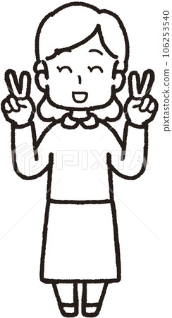 Full-body line drawing illustration of a woman who makes a peace sign with both hands and laughs 106253540