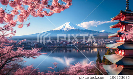 Spring cherry blossoms and Mt.Fuji like Arakurayama Sengen Shrine Spring cherry blossoms and Mt.Fuji like Arakurayama Sengen Shrine 106253685