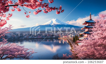 春天的櫻花和富士山就像新倉山淺間神社 106253687