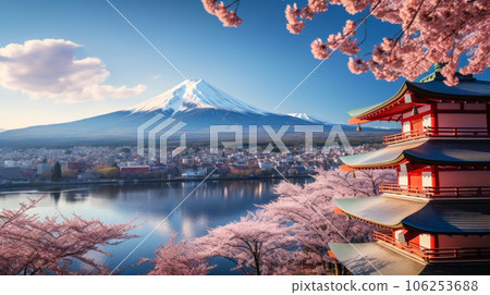 春天的櫻花和富士山就像新倉山淺間神社 春天的櫻花和富士山就像新倉山淺間神社 106253688