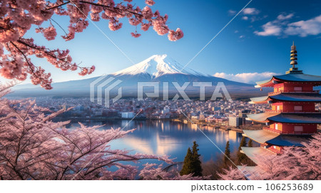 Spring cherry blossoms and Mt.Fuji like Arakurayama Sengen Shrine Spring cherry blossoms and Mt.Fuji like Arakurayama Sengen Shrine 106253689