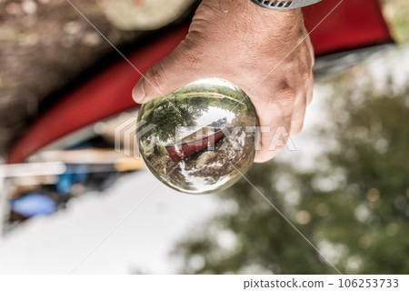 Canoe ride on river and islands in morning mist at Kejimkujik National Park Designated Wilderness Nova Scotia Canada 106253733