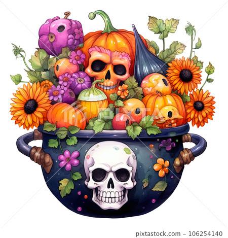 Halloween Cauldron with Pumpkin and Flowers clipart isolated on Transparent Background. 106254140