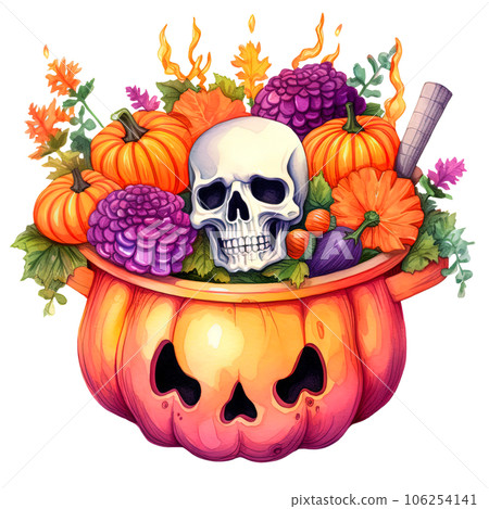 Halloween Cauldron with Pumpkin and Flowers clipart isolated on Transparent Background. 106254141