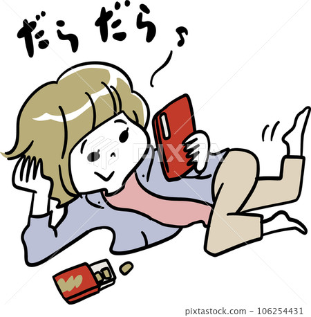 一邊看智能手機一邊吃甜食的女孩 一邊看智能手機一邊吃甜食的女孩 106254431