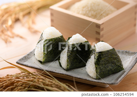 手工飯糰 用海苔包裹飯糰,配上米飯(飯糰)和醃蘿蔔 手工飯糰 用海苔包裹飯糰,配上米飯(飯糰)和醃蘿蔔 106254594