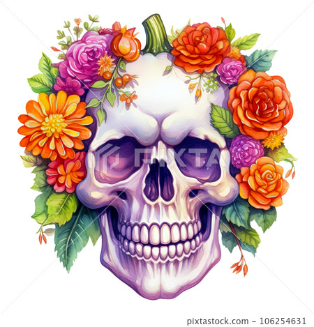 Halloween Skull with Pumpkin and Flowers clipart isolated on Transparent Background Halloween Skull with Pumpkin and Flowers clipart isolated on Transparent Background 106254631