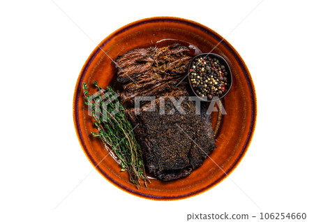 Smoked barbecue wagyu beef brisket meat. High quality Isolate, white background. Smoked barbecue wagyu beef brisket meat. High quality Isolate, white background. 106254660