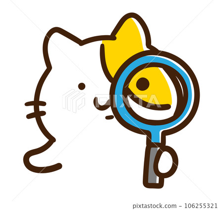 Deformed illustration of a cute cat character observing with a magnifying glass 106255321
