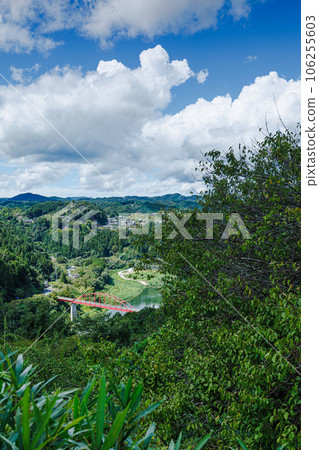 Summer of 2023 Tsukigase White clouds floating in the blue sky and panoramic view of Tsukigase Baikei (vertical) 106255603