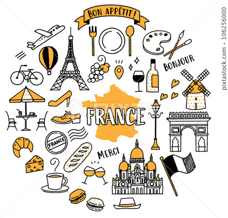 與法國相關的簡單可愛插畫集（黃色） 106256000