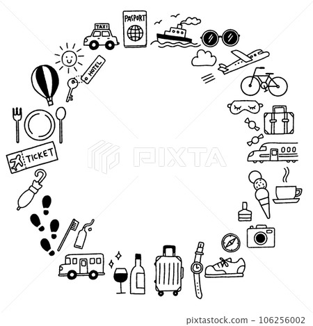 Simple and cute hand drawn travel illustration frame (monochrome) 106256002