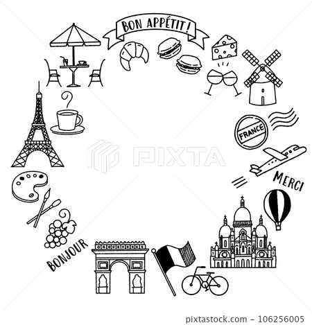 Simple and cute frame of illustrations related to France (monochrome) 106256005