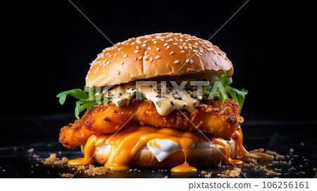 Burger with mouth-watering fish cake, cheese and sauce on a black background. High quality photo Burger with mouth-watering fish cake, cheese and sauce on a black background. High quality photo 106256161