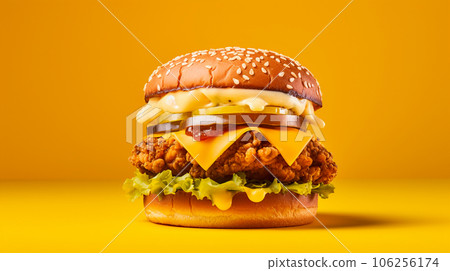 Burger with chicken patty, veggies and cheese on yellow background with space for text. High quality photo Burger with chicken patty, veggies and cheese on yellow background with space for text. High quality photo 106256174