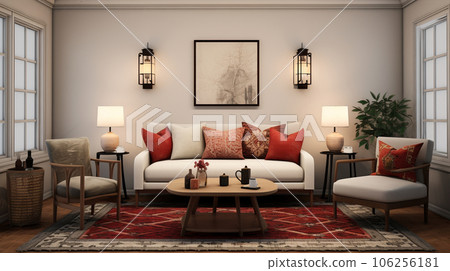 Living room design with oriental touches, sofa and carpets. High quality photo 106256181