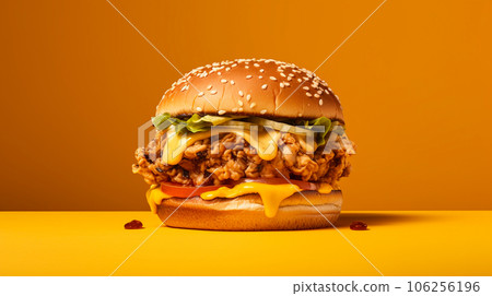 Burger with chicken patty, veggies and cheese on yellow background with space for text. High quality photo Burger with chicken patty, veggies and cheese on yellow background with space for text. High quality photo 106256196