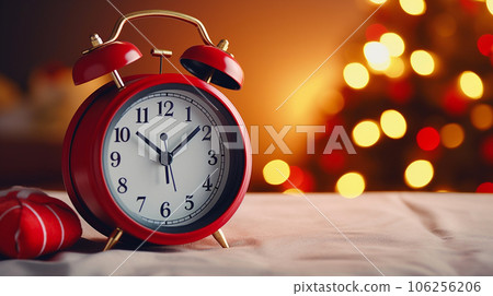 New Year's time, clock with alarm clock on the background of New Year's lights. High quality photo 106256206