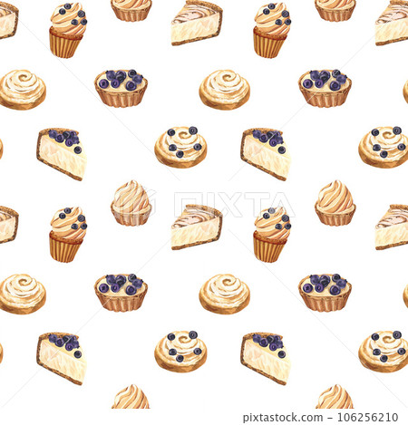 Watercolor seamless pattern dessert muffin, cupcake, tart, bun, cheesecake with blueberry. Hand-drawn illustration isolated on white background. Perfect food menu, design packing, bakery shop, cooking Watercolor seamless pattern dessert muffin, cupcake, tart, bun, cheesecake with blueberry. Hand-drawn illustration isolated on white background. Perfect food menu, design packing, bakery shop, cooking 106256210
