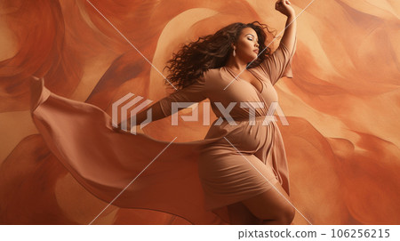 Positive plus size black woman dancing with flying fabrics on brown background. High quality photo Positive plus size black woman dancing with flying fabrics on brown background. High quality photo 106256215