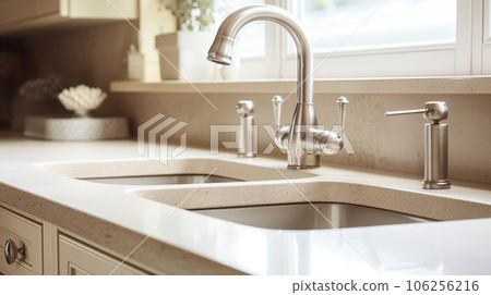 sink faucet in a light-colored modern kitchen. High quality photo sink faucet in a light-colored modern kitchen. High quality photo 106256216