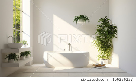 Modern, stylish bathroom illuminated by light, with green plants. High quality photo Modern, stylish bathroom illuminated by light, with green plants. High quality photo 106256238
