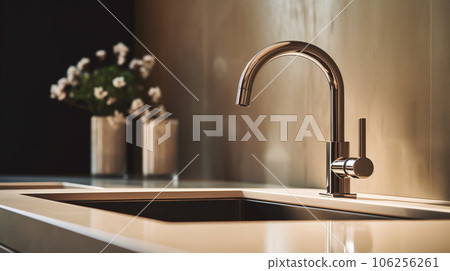 sink faucet in a light-colored modern kitchen. High quality photo 106256261