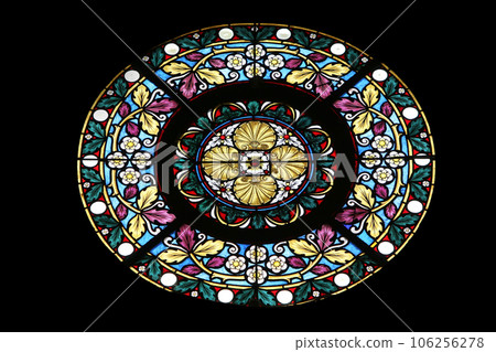 Stained glass window in Basilica Assumption of the Virgin Mary in Marija Bistrica, Croatia 106256278