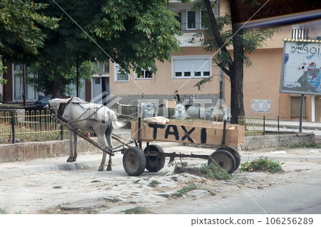 Rural traditional horse taxi buggy in Debar, Macedonia 106256289