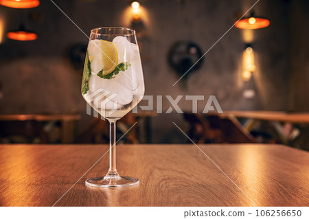 Glass of refreshing alcohol gin tonic cocktail Glass of refreshing alcohol gin tonic cocktail 106256650