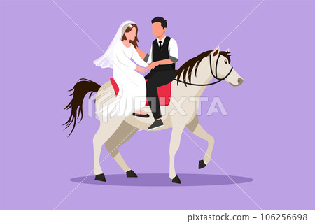 Cartoon flat style drawing romantic married couple in love riding horse. Happy handsome man and beauty woman getting ready for wedding. Engagement and love relation. Graphic design vector illustration 106256698