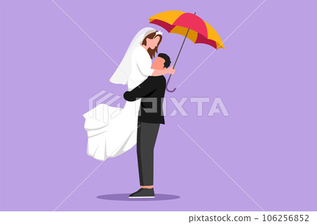 Graphic flat design drawing couple in love under rain with umbrella. Happy man and woman at park and jumping with wedding dress. Married couple romantic relationship. Cartoon style vector illustration 106256852