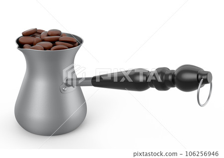 Turkish coffee cooked in sand or maker cezve with coffee bean on white 106256946