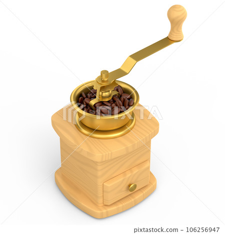 Manual wooden coffee grinder with coffee beans on white background. 106256947
