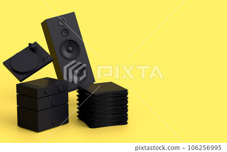 Set of Hi-fi speakers and DJ turntable with vinyl LP record on heap of covers Set of Hi-fi speakers and DJ turntable with vinyl LP record on heap of covers 106256995
