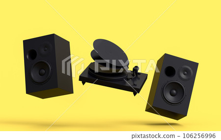 Set of Hi-fi speakers and DJ turntable for sound recording studio on monochrome. 106256996