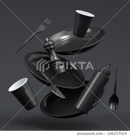 Set of disposable utensils like plate, folk, spoon,knife, cup and pepper mill Set of disposable utensils like plate, folk, spoon,knife, cup and pepper mill 106257024