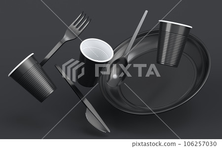 Set of disposable utensils like plate, folk, spoon,knife and cup on monochrome 106257030