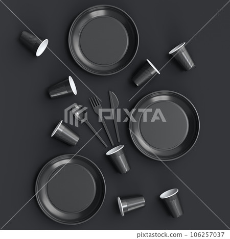 Set of disposable utensils like plate, folk, spoon,knife and cup on monochrome Set of disposable utensils like plate, folk, spoon,knife and cup on monochrome 106257037