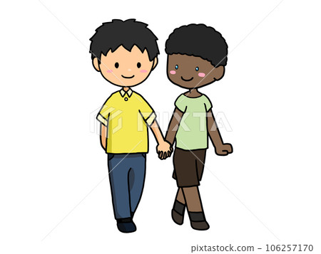 Illustration of a couple walking hand in hand (Japanese men and black men) 106257170