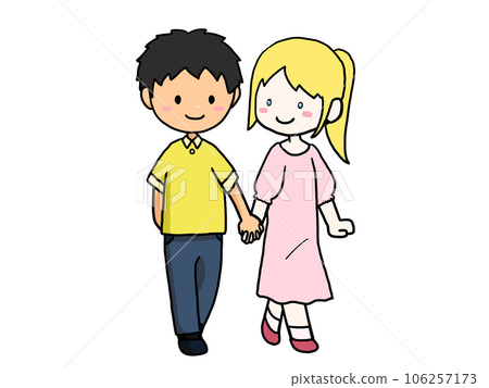 一對情侶手牽手散步的插圖（日本男孩和白人女孩） 106257173