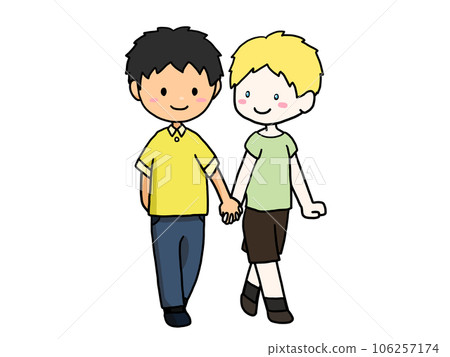 Illustration of a couple walking hand in hand (Japanese boy and Caucasian boy) 106257174