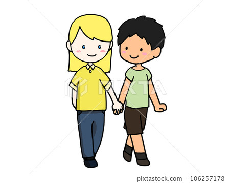 Illustration of a couple walking hand in hand (white girl and Japanese boy) 106257178