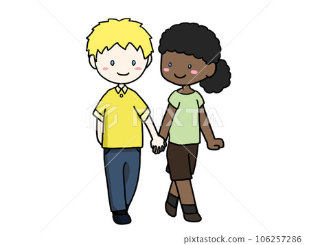 Illustration of a couple walking hand in hand (white boy and black girl) 106257286