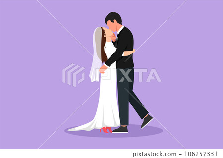 Cartoon flat style drawing cute married couple in love kissing and hugging. Happy romantic man wearing suit and pretty woman with dress in wedding celebration party. Graphic design vector illustration Cartoon flat style drawing cute married couple in love kissing and hugging. Happy romantic man wearing suit and pretty woman with dress in wedding celebration party. Graphic design vector illustration 106257331