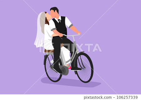 Cartoon flat style drawing loving married couple cycling. Romantic human relations, love story, newlywed family in honeymoon traveling adventure, passion, emotions. Graphic design vector illustration Cartoon flat style drawing loving married couple cycling. Romantic human relations, love story, newlywed family in honeymoon traveling adventure, passion, emotions. Graphic design vector illustration 106257339